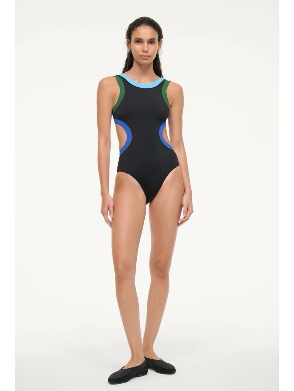 NWT Staud Dolce Cutout One Piece Swimsuit Navy Green Blue Swim Sea Large - Picture 2 of 5